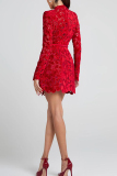 Red Floral Lace Mini Dress High Neck Long Sleeve Scalloped Hem Party Outfit Night Out Evening Gown