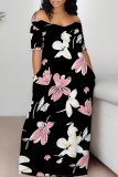 Black Off-Shoulder Short Sleeve Floral Print Loose Maxi Dress High Slit Floor-Length Plus Size Summer Party Outfit
