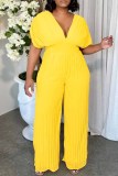 Rose Red Vacation Party Club Casual Ruched V Neck Short Sleeve Wide Leg Jumpsuits