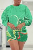 Pink Purple Casual Print Round Neck Long Sleeve Sweatshirt and Shorts Two Pieces Matching Sets