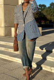 Multicolor Casual Plaid Denim Patchwork Turndown Collar Long Sleeve Outerwear Blazer Suits