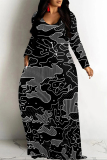 Colorful Geometric Flowers Print V Neck Long Sleeve Casual Outing Vacation Loose Maxi Dress