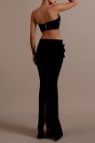 Black Skinny Party Club Formal Hot Drilling Flowers Decor Strapless Sleeveless Tube Tops and Maxi Slit Skirts Two Pieces Dress Sets