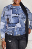 Blue Khaki Casual Loose Faux Denim Print Round Neck Long Sleeve Tops Blouses