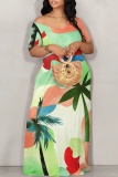 Black Off-Shoulder Short Sleeve Floral Print Loose Maxi Dress High Slit Floor-Length Plus Size Summer Party Outfit