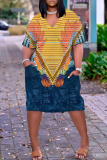 Orange Graphic Print V Neck Short Sleeve Casual Outing Plus Size Straight Loose T Shirt Midi Dress