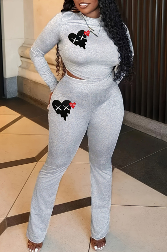 Light Grey Skinny Casual Heart Print Round Neck Long Sleeve T-shirts and Pants Two Pieces Matching Sets