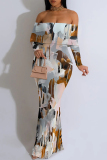 Light Blue Off-Shoulder Ruffled Sleeve Floral Print Bodycon Maxi Dress High Slit Floor-Length Summer Party Outfit