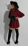 Black Wine Red Round Neck Lantern Sleeve Mini Sweater Dress Casual Vacation Wear Straight Loose Knit Dress