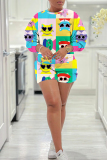 Pink Purple Casual Print Round Neck Long Sleeve Sweatshirt and Shorts Two Pieces Matching Sets