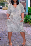 Wine Red Tie Dye V Neck Short Sleeve Pocket Casual Outing Loose T Shirt Midi Dress
