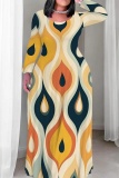 Coffee Geometric Print O Neck Long Sleeve Floor Length Fitted Casual Outing Plus Size Straight Loose Maxi Dress