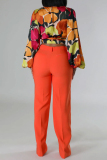 Red Casual Floral Print Strap Tie-front V Neck Long Lantern Sleeve Tops Blouses