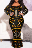 Red Yellow Plus Size African Tribal Print Ethnic Bohemian Long Sleeve Bodycon Maxi Dress
