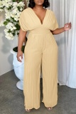 Rose Red Vacation Party Club Casual Ruched V Neck Short Sleeve Wide Leg Jumpsuits