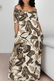 Black Off-Shoulder Short Sleeve Floral Print Loose Maxi Dress High Slit Floor-Length Plus Size Summer Party Outfit
