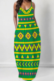 Yellow Green Graphic Print Sleeveless V Neck Spaghetti Strap Floor Length Casual Outing Straight Loose Maxi Dress