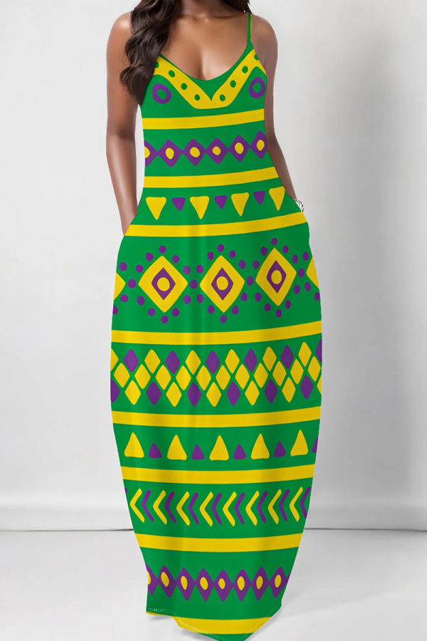 Yellow Green Graphic Print Sleeveless V Neck Spaghetti Strap Floor Length Casual Outing Straight Loose Maxi Dress