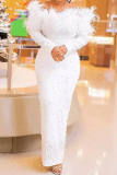 White Pearl Decor Feather Off Shoulder Long Sleeve Bodycon Plus Size Cocktail Party Maxi Dresses