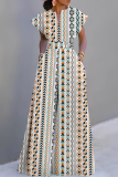 Multicolor Vacation Casual African Print V Neck Belted Short Sleeve Wide Leg Jumpsuits
