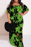 Khaki Off-Shoulder Short Sleeve Floral Print Loose Maxi Dress High Slit Floor-Length Plus Size Summer Party Outfit