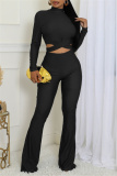 Blue Bodycon Casual Turtleneck Tie-back Long Sleeve Tops and Flare Leg Pants Two Pieces Matching Sets