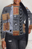 Blue Khaki Casual Loose Faux Denim Print Round Neck Long Sleeve Tops Blouses