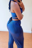 Lake Blue Sleeveless Halter Cut-Out Top and High-Waisted Wide-Leg Pants Clubwear Satin Pleated Two Piece Trouser Set