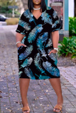 Orange Graphic Print V Neck Short Sleeve Casual Outing Plus Size Straight Loose T Shirt Midi Dress
