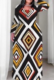 Coffee Geometric Print O Neck Long Sleeve Floor Length Fitted Casual Outing Plus Size Straight Loose Maxi Dress