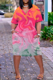 Wine Red Tie Dye V Neck Short Sleeve Pocket Casual Outing Loose T Shirt Midi Dress