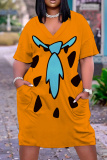 Orange Graphic Print V Neck Short Sleeve Casual Outing Plus Size Straight Loose T Shirt Midi Dress