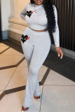 Light Grey Skinny Casual Heart Print Round Neck Long Sleeve T-shirts and Pants Two Pieces Matching Sets