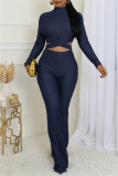 Blue Bodycon Casual Turtleneck Tie-back Long Sleeve Tops and Flare Leg Pants Two Pieces Matching Sets