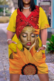 Orange Graphic Print V Neck Short Sleeve Casual Outing Plus Size Straight Loose T Shirt Midi Dress