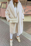 Off White Lamb Wool Casual Cardigan Turndown Collar Faux fur Fall Winter Long Outerwear Coats