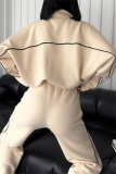 Apricot Sportwear Casual Stripe Zipper Collar Long Sleeve Jacket and Sweatpants Two Pieces Sweatsuits Sets