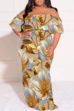 Khaki Off-Shoulder Short Sleeve Floral Print Loose Maxi Dress High Slit Floor-Length Plus Size Summer Party Outfit