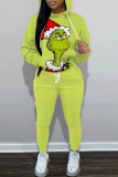 Red Christmas Casual Cartoon Grinch Print Hooded Long Sleeve Sweatshirt and Sweatpants Fall Winter Two Pieces Sweatsuits Sets