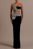 Black Skinny Party Club Formal Hot Drilling Flowers Decor Strapless Sleeveless Tube Tops and Maxi Slit Skirts Two Pieces Dress Sets