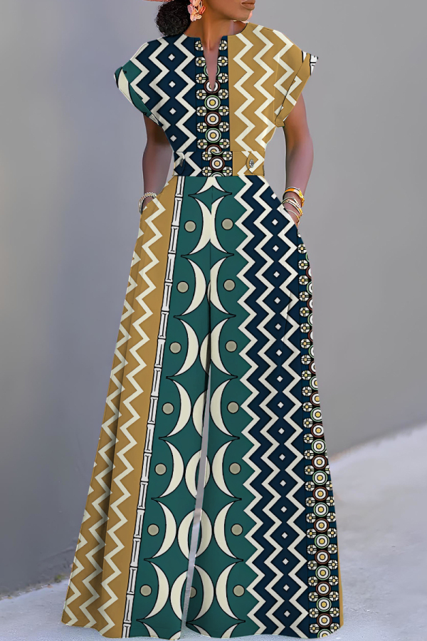 Multicolor Vacation Casual African Print V Neck Belted Short Sleeve Wide Leg Jumpsuits