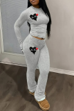 Light Grey Skinny Casual Heart Print Round Neck Long Sleeve T-shirts and Pants Two Pieces Matching Sets