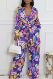 Green Vacation Casual Abstract Print Strap Design Tie-front Deep V Neck Long Sleeve Wide Leg Loose Jumpsuits