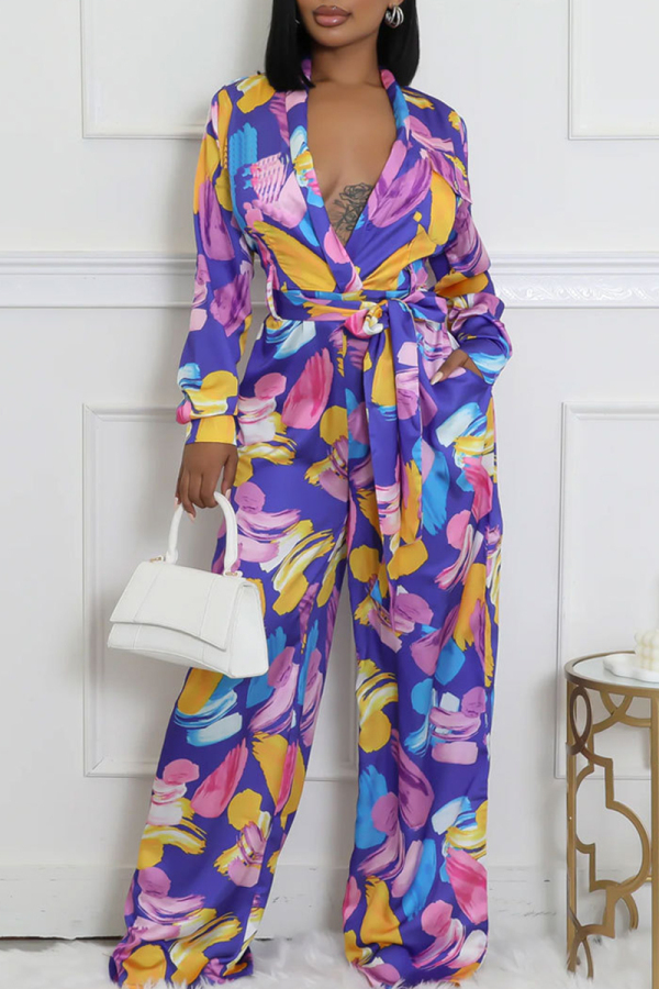 Green Vacation Casual Abstract Print Strap Design Tie-front Deep V Neck Long Sleeve Wide Leg Loose Jumpsuits