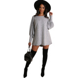 Black Wine Red Round Neck Lantern Sleeve Mini Sweater Dress Casual Vacation Wear Straight Loose Knit Dress