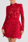 Red Floral Lace Mini Dress High Neck Long Sleeve Scalloped Hem Party Outfit Night Out Evening Gown