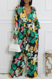 Green Vacation Casual Abstract Print Strap Design Tie-front Deep V Neck Long Sleeve Wide Leg Loose Jumpsuits