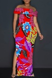 Red Yellow Off-Shoulder Nautical Print Bodycon Maxi Dress High Slit Floor-Length Summer Party Outfit