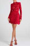 Red Floral Lace Mini Dress High Neck Long Sleeve Scalloped Hem Party Outfit Night Out Evening Gown