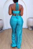 Lake Blue Sleeveless Halter Cut-Out Top and High-Waisted Wide-Leg Pants Clubwear Satin Pleated Two Piece Trouser Set